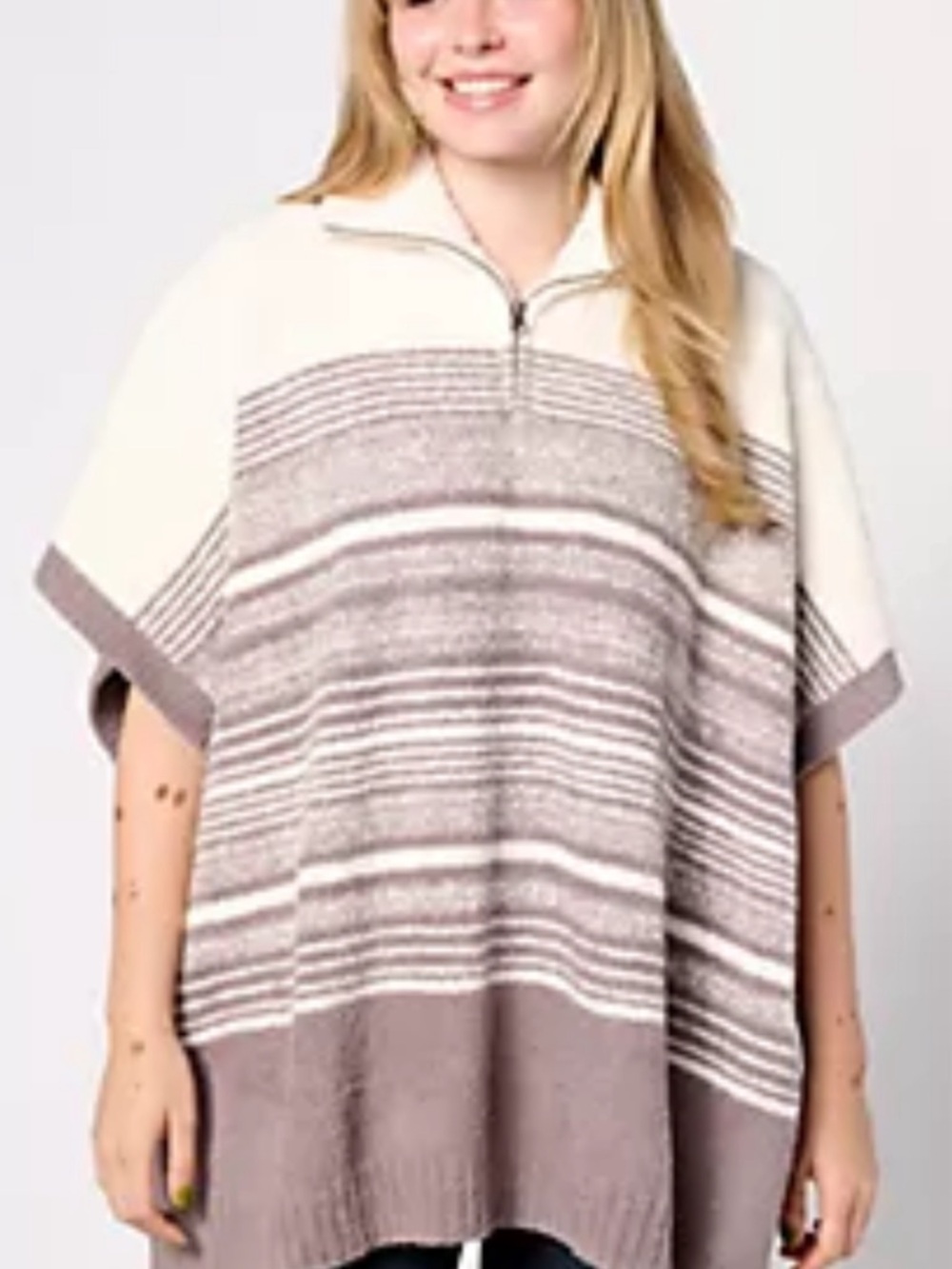 Barefoot Dreams CozyChic Striped Poncho in driftwood/cream
